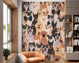 Watercolor Dog Wallpaper, Dogs Breeds Print Pet Lover Wall Art With Cute Doggie, Watercolor Dog Breeds Wallpaper - Etsy Cat Mural, Stick Decor, Funky Wallpaper, Doggy Daycare, Nursery Patterns, Dogs Breeds, Dog Rooms, Bedroom Renovation, Dog Wall Art