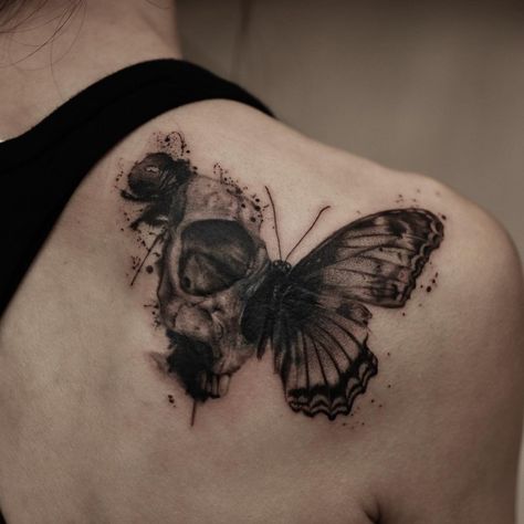 Tattoos For People Who Have Been Through Alot, Creepy Butterfly Tattoo, Skull And Butterfly Tattoo, Dark Tattoo Cover Up Ideas For Women, Coverup Wrist Tattoos For Women, Butterfly Skull Tattoo, Tattoo Regret, Skull Butterfly Tattoo, Dark Inner Thighs