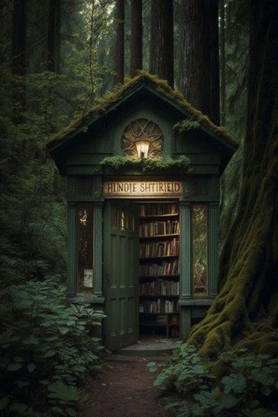 Woods Aesthetic, Productive Work, Books Bookshelf, Home Office Ideas, Dark Cottagecore, Fantasy House, Fantasy Places, Witch House, Fantasy Art Landscapes