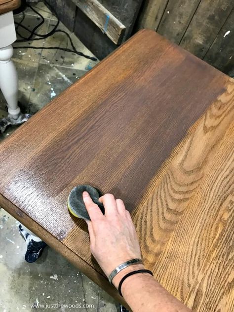 How To Stain Over Stained Wood, Stain Furniture Diy Wood, Walnut Finish Wood Stain, Staining Table, Staining Over Stained Wood, Stain Over Stain, Re Staining Wood Furniture, How To Stain A Table, How To Sand Down Wood Furniture