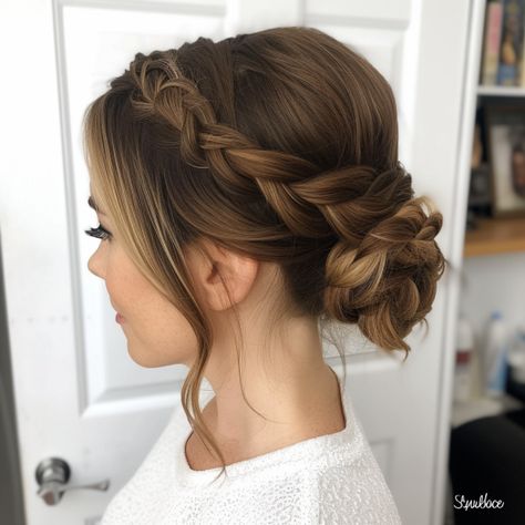 Soft Braided Updo for Long Hair Medium Length Low Updos, Wedding Updo Thick Long Hair, Plaited Up Do Hairstyles, Updos For Long Hair With Braids, Easy Updos With Braids, Updos With Braids For Medium Length Hair, Braided Bun Hairstyles Wedding, Wedding Up Do With Braid, Braided Messy Updo