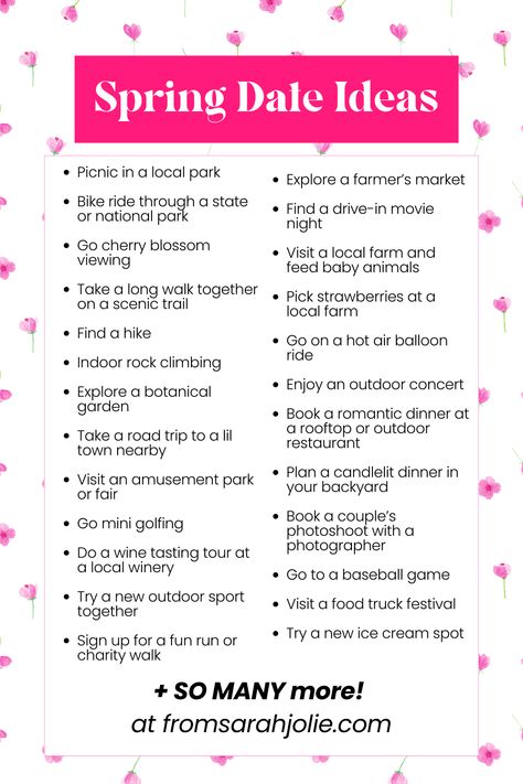 Need fun date ideas that aren’t boring?? These spring dates are so cute and affordable. Outdoor adventures, cozy nights at home, and everything in between. Saving this ASAP.
cheap date ideas, fun date night ideas, date ideas on a budget, spring activities for couples, things to do with your bf Spring Dates, Spring Date Ideas, Couples Things To Do, Fun Date Night Ideas, Activities For Couples, Cheap Date Ideas, Fun Date Ideas, Indoor Rock Climbing, Spring Date