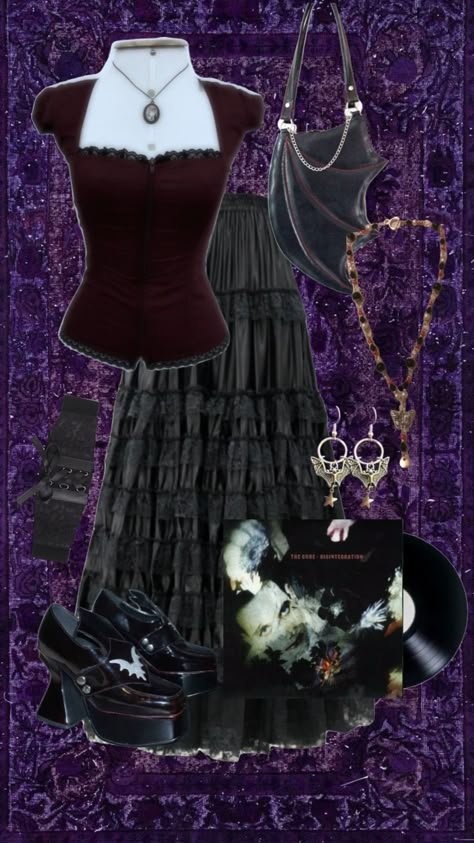 Goth Outfits Inspiration, Library Goth Outfit, Whimsygoth Makeup, Goth Outfit Ideas Casual, Wimsey Goth Outfit, Whimsigoth Fits, Purple Goth Outfits, Whimsigoth Outfits Casual, Whimsical Goth Aesthetic