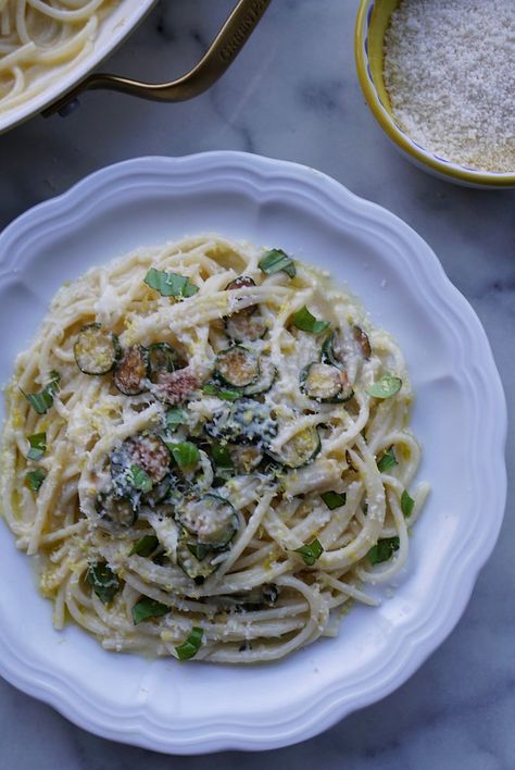 Lemon Zucchini Spaghetti with Smoked Scamorza and Basil Fried Zucchini, Zucchini Spaghetti, Lemon Zucchini, Lemon Olive Oil, Zucchini Fries, Tasty Pasta, Grain Foods, Parmigiano Reggiano, Green Olive