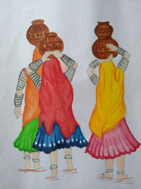 Panihari Drawing, Panihari Painting, Rajasthani Women Painting, Save Water Poster Drawing, Save Water Poster, Women Drawing, Water Poster, Women Painting, Poster Drawing