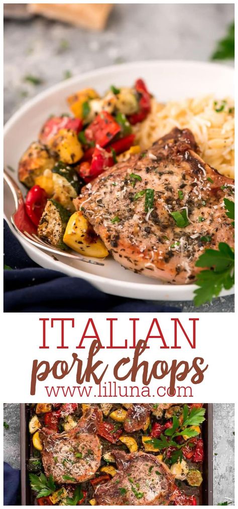 These Italian Pork Chops are so easy to make! They are baked in the oven with your favorite veggies and are so full of flavor! #Italianporkchops #porkchops #pork #Italianrecipes #porkchopsrecipe Italian Pork Chops, Italian Pork, Healthy Italian Recipes, Parmesan Crusted Pork Chops, Healthy Italian, Baked Pork Chops, Mozzarella Sticks, Pork Chop Recipes, Pork Dishes