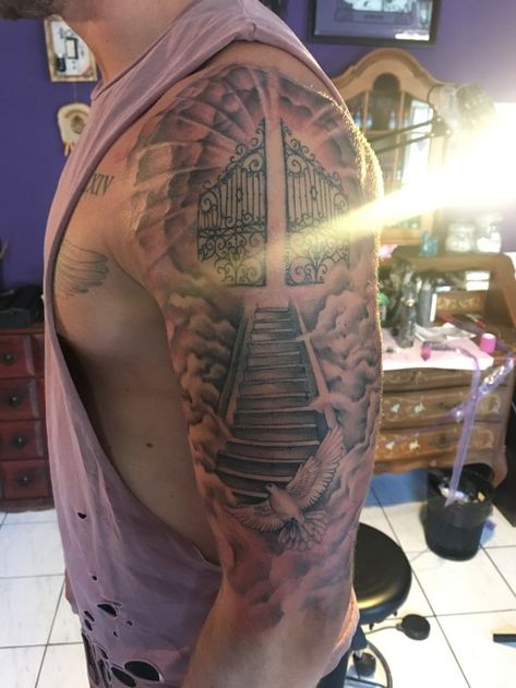 Religious Shoulder Tattoo Men, Stairway To Heaven Tattoo Shoulder, Shoulder Tattoo Men Clouds, Stair Way To Heaven Tattoo, Only The Strong Survive Tattoo For Men, Cloud Tattoo Sleeve Heavens, Best Shoulder Tattoos Men, Forearm Tattoo Men Sleeve Clouds, Stairway To Heaven Tattoo Design