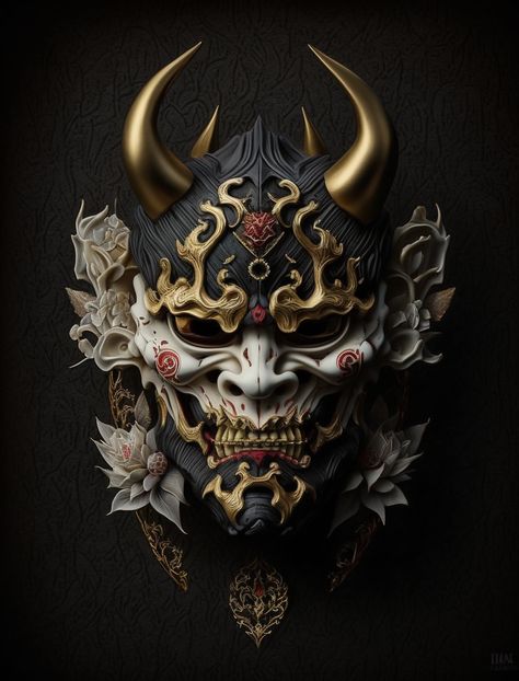 Samurai Mask Tattoo, Mascara Oni, Natur Tattoo Arm, Japanese Demon Mask, Japanese Oni Mask, Masks Japanese, Oni Samurai, Hannya Mask Tattoo, Japanese Art Samurai