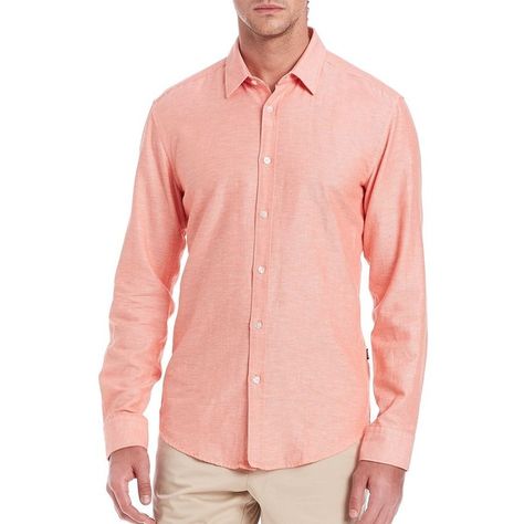 HUGO BOSS Men's Slim-Fit Ronni Linen Blend Shirt - Peach (1,015 MXN) ❤ liked on Polyvore featuring men's fashion, men's clothing, men's shirts, men's casual shirts, apparel & accessories, peach, mens slim fit casual shirts, mens long sleeve shirts, mens button up shirts and mens slim fit long sleeve shirts Mens Button Up Shirts, Mens Long Sleeve Shirts, Button Down Outfit, Party Dress Codes, Easter 2023, Coral Shirt, Men's Casual Shirts, Polo Long Sleeve, Slim Fit Casual Shirts