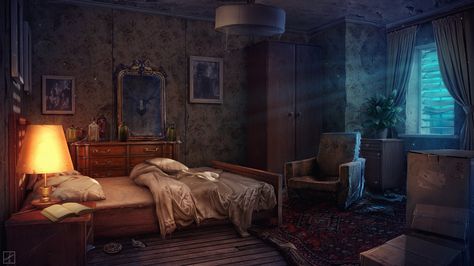 dorm, Pavel Proskurin on ArtStation at https://www.artstation.com/artwork/VZO8 Dorm Room Concept Art, Fantasy Dorm Room, Room Concept Art, Room Concept, Bedroom Images, New Background Images, Post Apocalypse, Matte Painting, High Fantasy