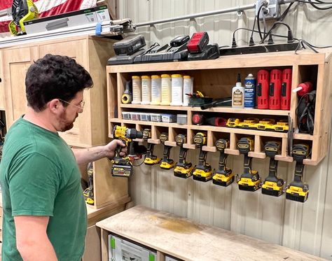 Drill Charging Station Plan - Default Title - John Malecki Workshop Organization Diy, Woodworking Shop Organization, Workshop Tool Storage, Farming House, Woodworking Station, Drill Charging Station, Battery Charger Station, Jonathan Winters, Must Have Woodworking Tools