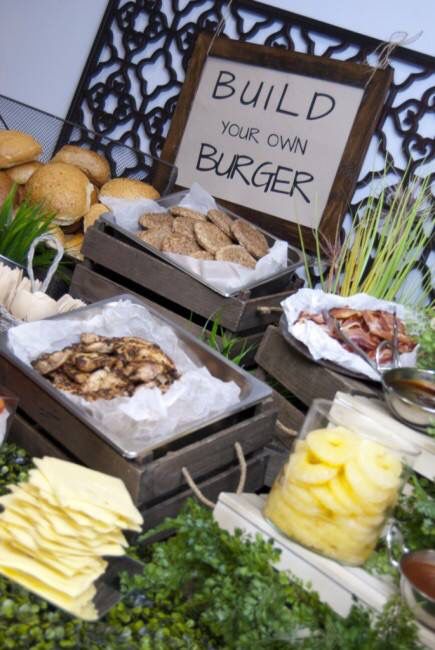 Build your own burger bar Burger Bar Ideas Wedding, Build Your Own Burger Bar Wedding, Burger Bar Wedding Food Stations, Meat Buffet Wedding, Burger Station Party, Burger Buffet Ideas Bbq Party, Condiment Display Ideas, Wedding Burger Bar Buffet, Burger Bar Set Up