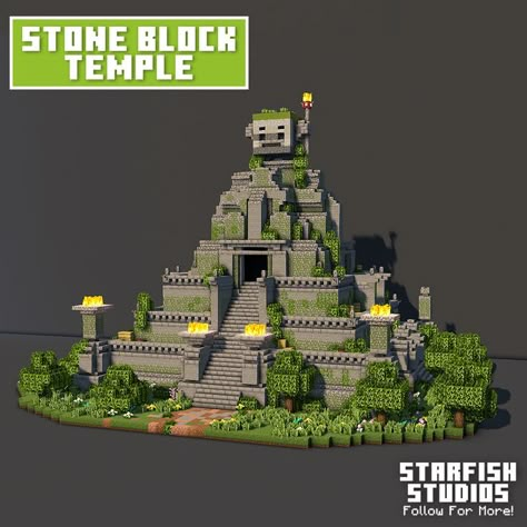 Stone block temple in minecraft. leaves all around and fire lights up the structure Minecraft Pyramid, Temple Minecraft, Minecraft Temple, Minecraft Building Designs, Minecraft Statues, Jungle Temple, Zed League Of Legends, Minecraft Interior, Bangunan Minecraft