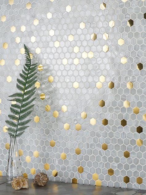 Light Luxury Honeycomb Hexagon White Glass Mix Gold Metal Mosaic Tile Backsplash SSMT2127 Honeycomb Hexagon, Honeycomb Tile, Hexagon Backsplash, Backsplash Patterns, Metal Mosaic, Metal Mosaic Tiles, Gold Tile, Backsplash Wall, Hexagon Mosaic Tile