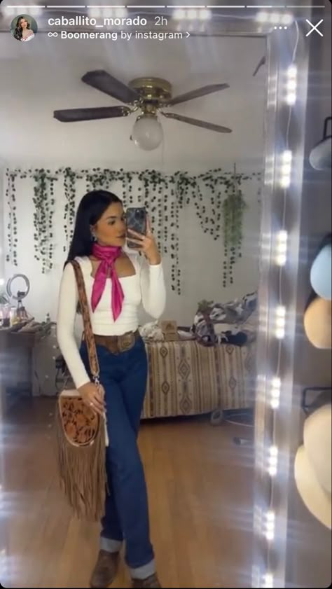 Western Outfit With Scarf, Outfits For Mexico Ranch, Casual Vaquera Outfits, Modest Cowgirl Outfits, Rodeo Outfits For Women Winter, Modest Western Outfits, Rancho Fits, Pbr Outfits, Charreada Outfits