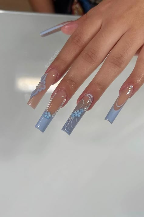 Serene Sophistication: Baby Blue Coffin Nails adorned with Delicate Floral Art and Pearl Accents // Photo Credit: Instagram @nailblocks Blue Acrylic Nails, Nagel Tips, Easy Nails, Girly Acrylic Nails, Her Nails, Fake Nails With Glue, Long Acrylic Nails Coffin, Unique Acrylic Nails, Bling Acrylic Nails