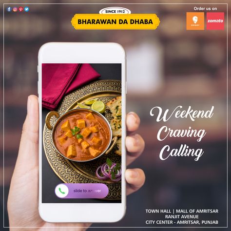 Weekend Cravings Calling. Call 7508351912 For Ordering Or Log on to #Zomato & #swiggy #bharawandadhaba #multicuisinerestaurant #pureveg #since1912 #worldfamous #breakfast #lunch #dinner #familydining #placestoeat #northindianfood #chinese #snacks #southindian #foodbloggers #foodbloggersindia #amritsarrestaurants #orderonline #instafoodapps Weekend Food Creative Ads, Creative Ads For Restaurants, Restaurant Opening Creative Ads, Food Special Offer Poster Design, Food Delivery App Creative Ads, Indian Restaurant Creative Ad, Coffee Advertising, Food Promotion, Food Captions