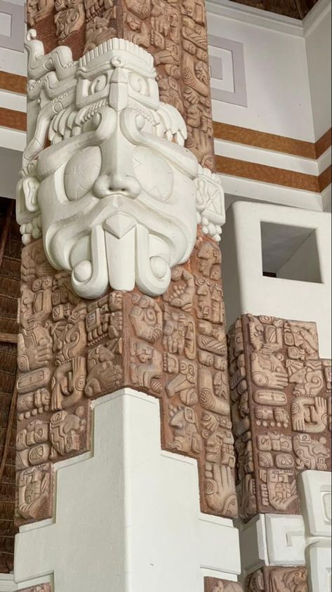 Mayan Revival, Aztec Architecture, Mayan Glyphs, Pillar Design, Mayan Art, Column Design, Aztec Art, Sculpture Installation, Wall Patterns