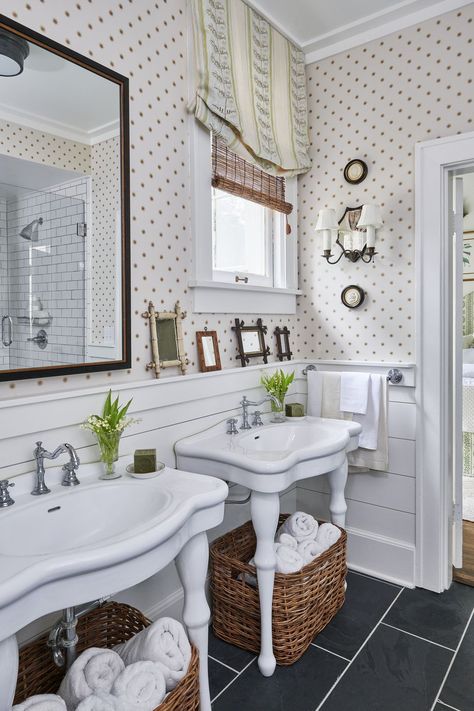 house tour chadduck montrose arkansas bathroom Bathroom Sink Ideas, Heather Chadduck, Sink Ideas, Console Sinks, Creative Bathroom, Slate Flooring, Pedestal Sink, White Floors, Striped Wallpaper