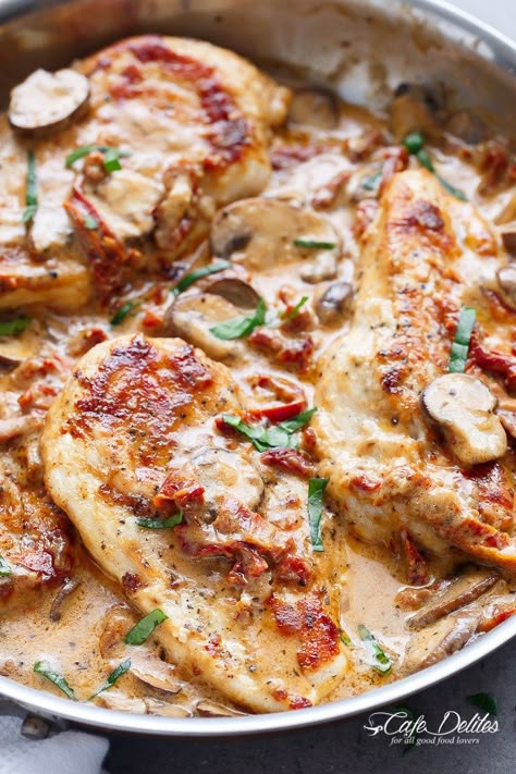 A Creamy Sun Dried Tomato Parmesan Chicken with Mushrooms that is Gluten Free and made with NO HEAVY CREAM.....or ANY cream.....at ALL! | http://cafedelites.com No Heavy Cream, Tomato Parmesan, Chicken With Mushrooms, Chicken Entrees, Turkey Dishes, Parmesan Chicken, Chicken Main Dishes, Sun Dried Tomatoes, Mushroom Chicken