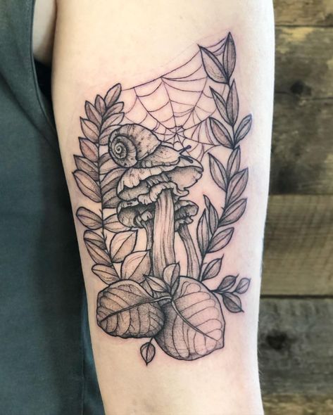 Book With Mushrooms Tattoo, Mushroom Gap Filler Tattoo, Mushroom Foliage Tattoo, Forest Mushroom Tattoo, Pumpkin Mushroom Tattoo, Spooky Cottagecore Tattoo, Whimsical Forest Tattoo, Goth Nature Tattoo, Snail And Mushroom Tattoo