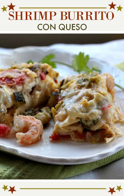 Sweet tender shrimp in a sour cream cheese sauce makes a wonderful easy Mexican shrimp burrito recipe. #mexican #shrimp #burrito #recipe via @lannisam Shrimp Casseroles, Shrimp Burrito Recipe, Shrimp Burritos, Greek Salad Wrap, Wet Burrito, Shrimp Burrito, Mexican Shrimp Recipes, Burrito Recipes, Shrimp Wraps