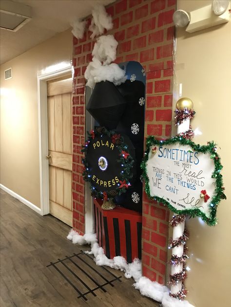 Polar express door. Christmas door Polar Express Door Decorations, Polar Express Door, Polar Express Christmas Party, Christmas Hallway, Diy Christmas Door Decorations, Door Decorations Classroom Christmas, Holiday Door Decorations, Classroom Christmas Decorations, Diy Christmas Door