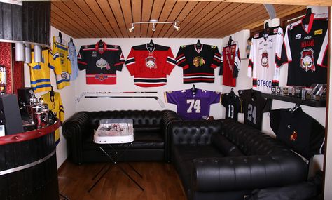 You can decorate a man cave with your jerseys easily and affordably with ShirtWhiz wall hangers! Jersey Hangers, Hockey Room Decor, Jersey Hanger, Cave Room, Hockey Room, Jersey Display, Man Cave Room, Hanger Decor, Sports Jerseys