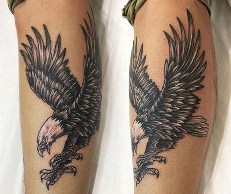 Eagle Tattoo For Women On Arm, Eagle Calf Tattoo, Female Eagle Tattoo, Knee Eagle Tattoo, Eagle Tattoo On Leg, Eagle Trust Fall Tattoo, Eagle Tattoo Leg, Bald Eagle Tattoo For Women, Bald Eagle Leg Tattoo