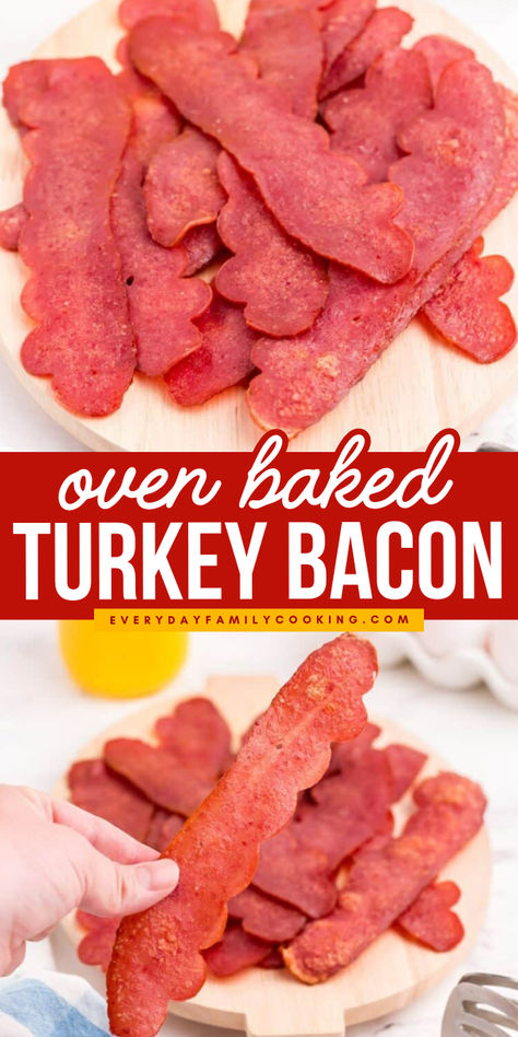 Oven baked turkey bacon is a healthier alternative to bacon that’s crispy, delicious, and way less messy to make. Baked Turkey Bacon, Turkey Bacon In Oven, Bacon In Oven, Oven Baked Turkey, Turkey Bacon Recipes, Easy Turkey Recipes, Easy Recipes For Beginners, Baked Turkey, Healthy Breakfast Recipes Easy