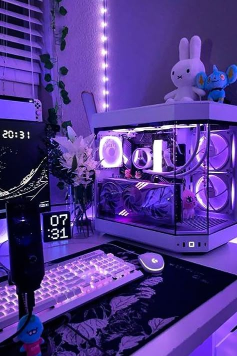 Neon Japanese Aesthetic Room, Purple Pc Setup Aesthetic, Aesthetic Game Room Ideas, Lilac Pc Setup, Genshin Gaming Setup, Purple Set Up, Lavender Gaming Setup, Game Set Up, Purple Pc Setup