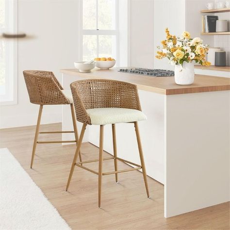 27" Stool with Arm (Set of 2) - On Sale - Bed Bath & Beyond - 41002594 Rattan Counter Stools, Curved Chair, Console Table Living Room, Bar Stools Kitchen Island, Counter Height Stool, Ottoman Coffee Table, Bar Area, Living Room Accents, Living Room Shop