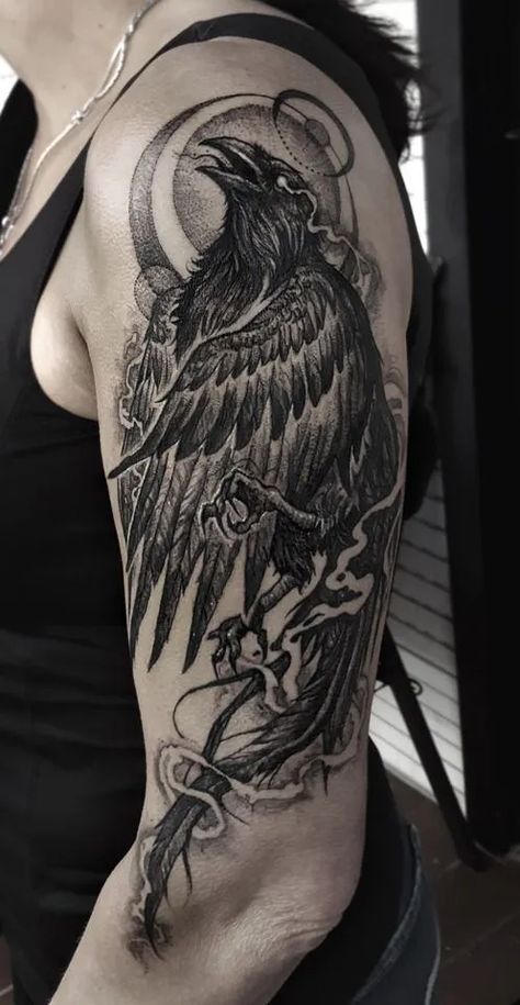 175+ Horrifying Gothic Tattoos Ideas (2023) - TattoosBoyGirl Tattoos Boyfriend, Crow Tattoo For Men, Black Crow Tattoos, Rabe Tattoo, Tattoo Pierna, Crow Tattoo Design, Viking Tattoo Sleeve, Crow Tattoo, Norse Tattoo