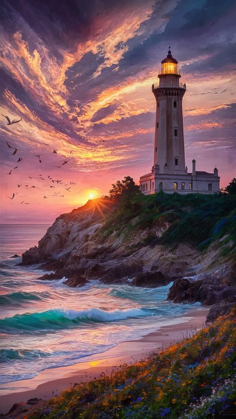 Transform your space with this breathtaking Impressionist-inspired wallpaper featuring a majestic lighthouse on a rugged cliff. Bathed in a golden sunset, the vibrant sky and shimmering waves create a tranquil coastal escape. Perfect for beach lovers, this Art Deco elegance captures the essence of hope and solitude. Ideal for home decor, wall art, and interior design inspiration. Lighthouse Wallpaper, Lighthouse Sunset, Inspired Wallpaper, Golden Sunset, Beach Lovers, Decor Wall Art, Interior Design Inspiration, Decor Wall, Lighthouse