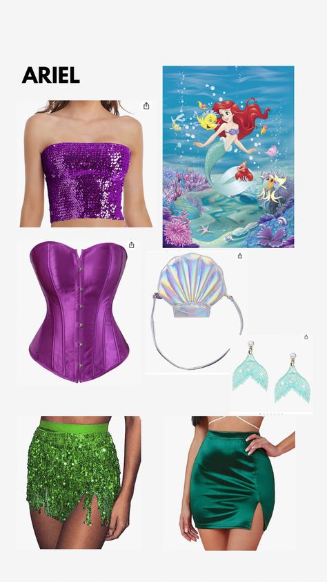 Disney Princess Halloween costume. The Little Mermaid. Green and purple costume Ariel Princess Costume College, Ariel Costumes Women, Hot Ariel Halloween Costume, Hot Ariel Costume, Disney Party Costumes, Diy Ariel Costume Women Easy, Ariel Custome Halloween, Arial Princess Costume, College Ariel Costume