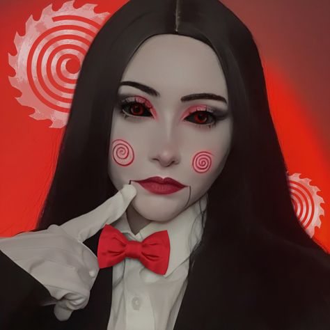 jigsaw halloween makeup Jigsaw Makeup Woman, Saw Makeup Jigsaw, Jigsaw Makeup Halloween, Jigsaw Halloween Makeup, Jigsaw Cosplay, Saw Cosplay, Jigsaw Doll, Saw Costume, Saw Makeup