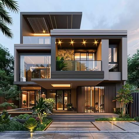 Three Floors House Design, Two Story Condo, House With Double Staircase, Three Stories House Design, Modern Double Story House, Modern House Facade Double Story, Home Elevations Indian Double Floor, Modern Art Deco Home, House Structure Design