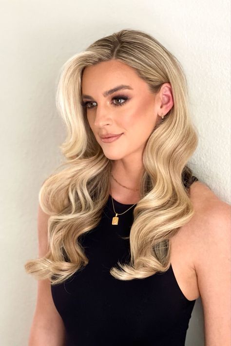 Bridesmaid Hair Glam Waves, Pinned Back Hollywood Waves, Hollywood Curls Bridal Hair, Simple Blowout Wedding Hair, Bridal Hair Old Hollywood Waves, Vintage Wave Wedding Hair, Hollywood Hairstyles Wedding, Soft Wave Bridesmaid Hair, Blonde Old Hollywood Hair