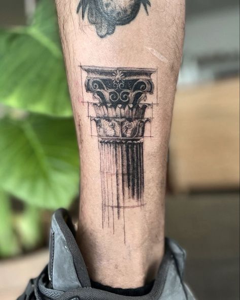 Greek Shin Tattoo, Greek Collums Tattoo, Arcitechture Tattoos, Roman Tatoos Men, Greek Sleeve Tattoo For Men, Greek Columns Tattoo, Ionic Column Tattoo, Roman Pillar Tattoo, Pillar Tattoo Design