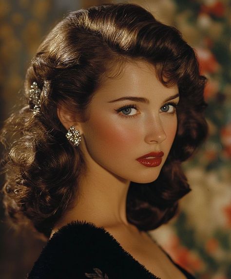 Vintage Timeless Fashion, Old Hollywood Hair How To, Short Vintage Curls, Vintage Hair Curls, Dress For Curly Hair, Short Hair Long Dress, Old Fashioned Hairstyles Vintage, Antique Hairstyles, Medium Hair Aesthetic