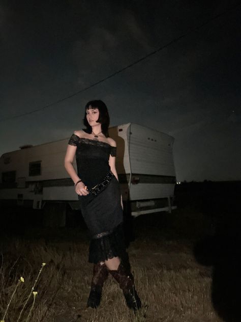 Southern Outfits Aesthetic, Dark Country Outfits, Gothic Fashion Outfits, Black Southern Gothic, Southern Gothic Outfits, Ethel Cain Core, Black Cowgirl Boots Outfit, Gothic Aesthetic Outfit, Black Cowgirl Outfit