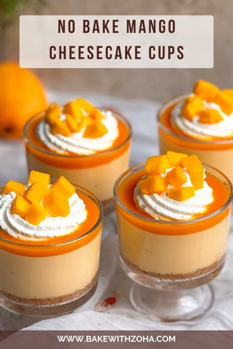 With summer on it's way, these easy-to-make mango cheesecake cups are perfect for summer gatherings or a quick sweet fix without the hassle! And the best part is that it is easy, quick, and a no-bake sweet treat, just pure mango bliss. Get the recipe at bakewithzoha.com No Bake Mango Cheesecake, Cheesecake Cups Recipe, Cheesecake Parfaits, Mango Cheesecake, Cheesecake Cups, Mango Ice Cream, Easy No Bake, Mango Recipes, Easy No Bake Desserts