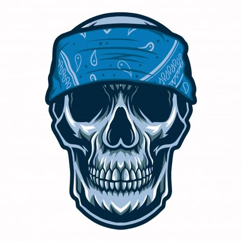 Skull head gangster with bandana illustr... | Premium Vector #Freepik #vector Bandana Illustration, Bandana On Head, Gangster Cartoon, Skull With Bandana, Bandana Tattoo, Indian Skull Tattoos, Skull Template, Skull Bandana, Dog Logo Design