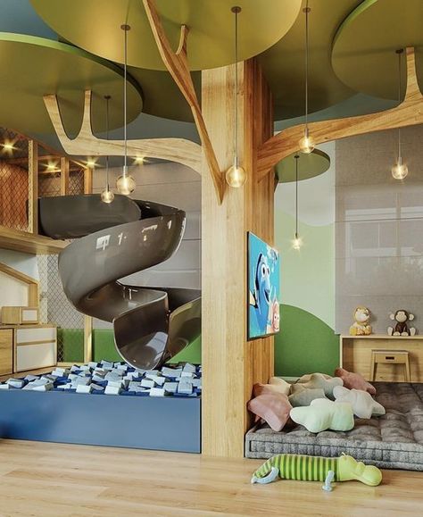 Nature Playroom Ideas, Cool Indoor Playground, Indoor Treehouse Playroom, Kids Playground Indoor, Playroom Design Indoor Playground, Indoor Playroom Ideas, Play Cafe Ideas, Indoor Play Ground, Cool Playroom Ideas