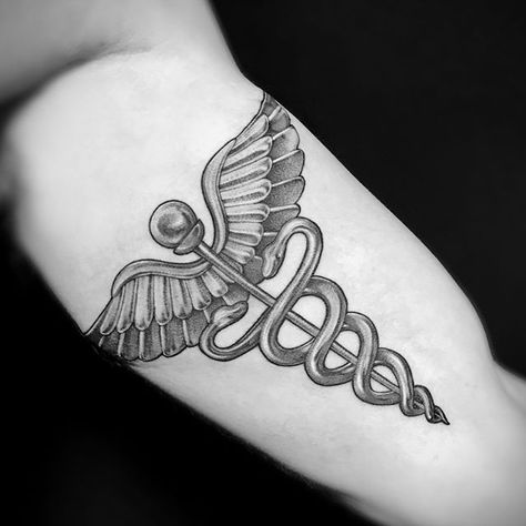 Healthcare Tattoo, Caduceus Tattoo, Medical Tattoo, Thailand Tattoo, Belly Tattoos, Strange Music, Minimalist Tattoos, Grey Tattoo, Music Logo