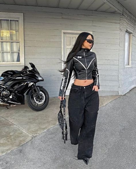 𝕵𝖚𝖑𝖎𝖆 || Fashion Content Creator on Instagram: "She a ride or die 🏍️ @boohoo #boohoo  #ootd #streetstyle #streetwear #streetfashion #streetchic #contentcreator #fashionblogger #motofashion #leatherjacket #leatherfashion #moto #houstonblogger #fashioninspo #casualstyle #citystyle #sportyfashion" Race Girl Outfit, Moto Jacket Outfit Women, Race Jacket Outfit, Vintage Racing Jacket, Fashion Content Creator, Fashion Content, Racing Jacket, Jacket Outfit, Ride Or Die