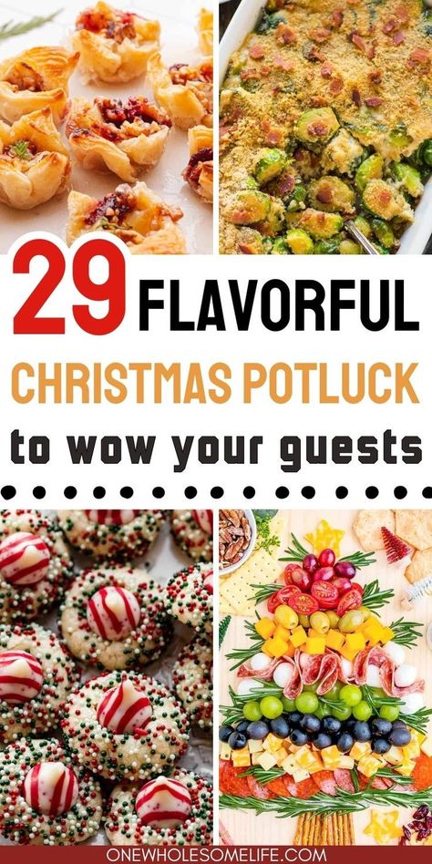 collage of christmas potluck recipes. Dishes To Bring To A Party Holiday, Side Dish Easy Party, Family Potluck Recipes, The Best Potluck Dishes, Delicious Potluck Recipes, Pass A Dish Ideas, Crockpot Christmas Potluck Recipes, Christmas Party Meal Ideas For A Crowd, Holiday Potluck Side Dishes