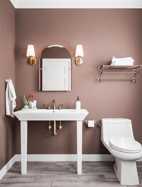 Frameless Arch Mirror, Mauve Bathroom, Desert Bathroom, Bathroom Paint Color Ideas, Sleek Toilet, Bathroom Paint Color, Green Bathrooms, Bathroom Wall Colors, Mudroom Closet