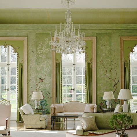 Winfield House, William Haines, Chinoiserie Room, Chinese Wallpaper, Upholstered Stool, Green Rooms, Rococo Style, California Homes, Architectural Features