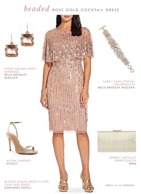 Rose gold sequin cocktail dress and accessories | Elegant semi-formal outfit for a wedding guest or Mother-of-the-Bride  #weddings #weddingguest #motherofthebride Rose Gold Elegant Dress, Gold Wedding Guest Dresses, Rose Gold Cocktail Dress, Wedding Parents, Cream Bridesmaid Dresses, Mog Dresses, Rose Gold Cocktail, Rose Gold Clothes, Dress For The Wedding